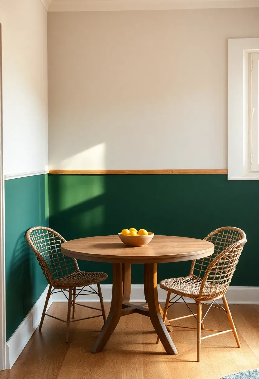 Dining room with a sophisticated two-tone half-wall paint treatment in deep forest green on the lower half and warm white above