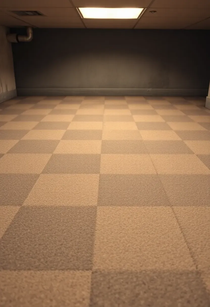 basement floor covered in modular carpet tiles in a subtle checkerboard pattern