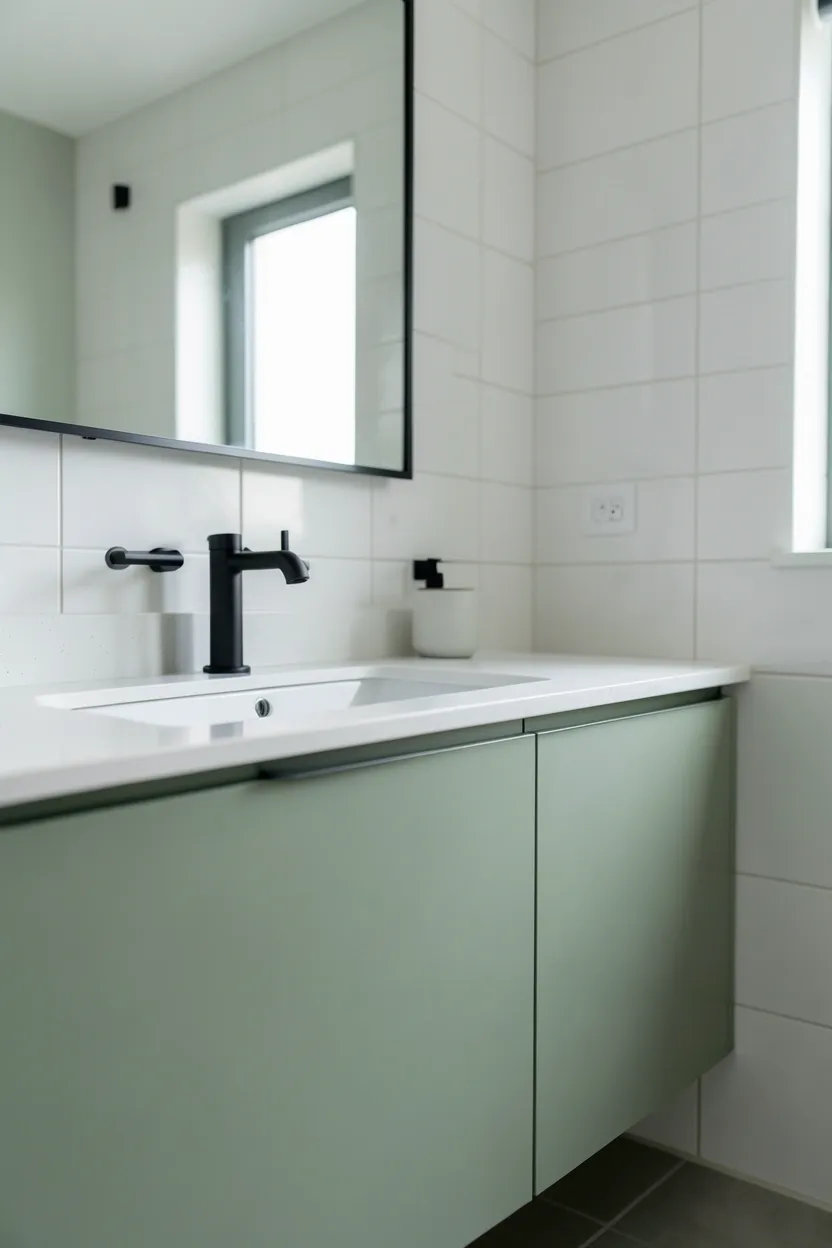 Contemporary apartment bathroom with sage green vanity, matte black faucet and mirror frame, white tile walls — modern color idea