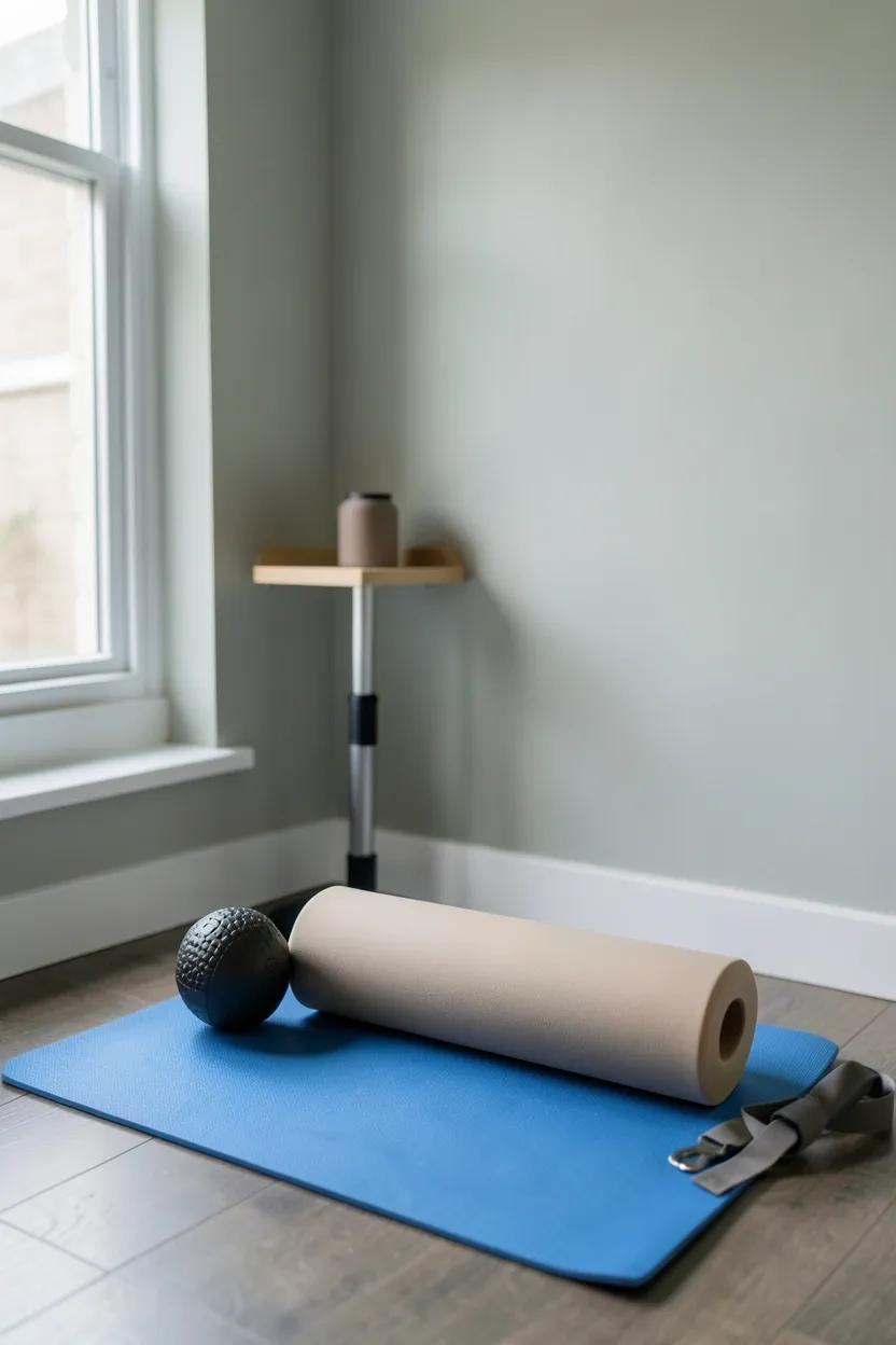 Foam roller and lacrosse ball recovery tools arranged in a quiet apartment corner with a stretching mat — budget home gym recovery zone