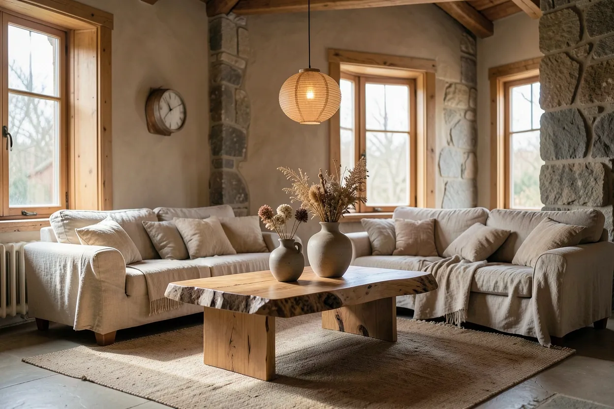 Wabi sabi living room with live-edge wood coffee table, linen sofa, terracotta pots and earthy neutral tones