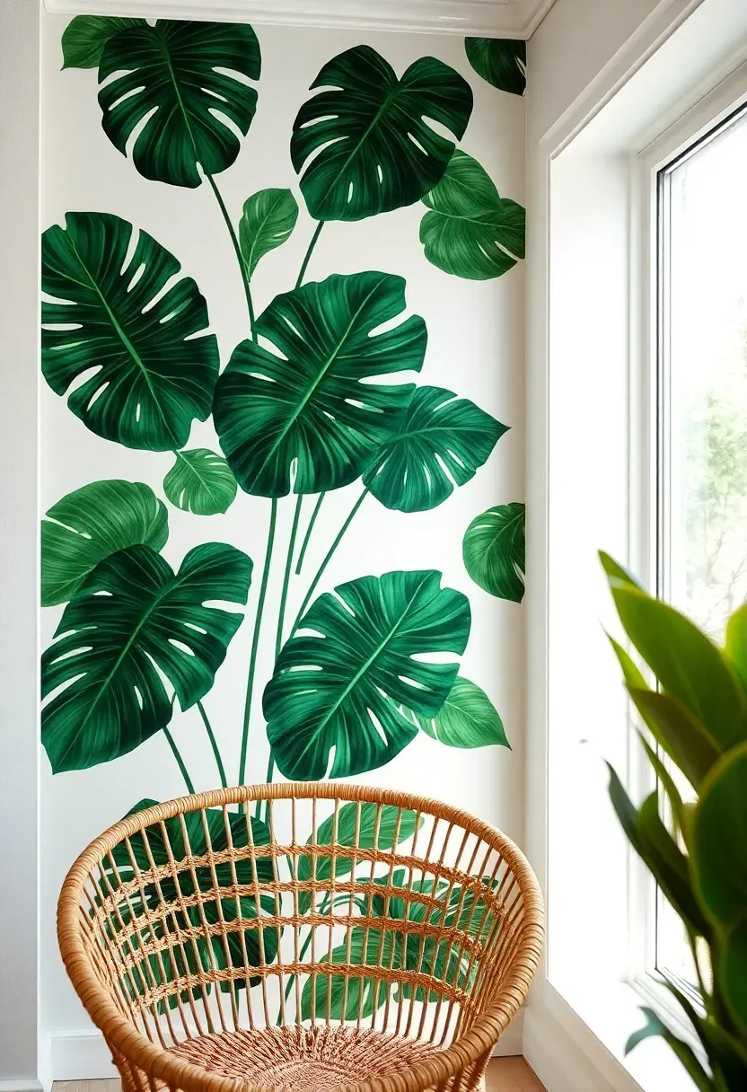 Sunroom accent wall covered in removable botanical wallpaper with large tropical leaf pattern in deep green and white, contrasting with plain white adjacent walls
