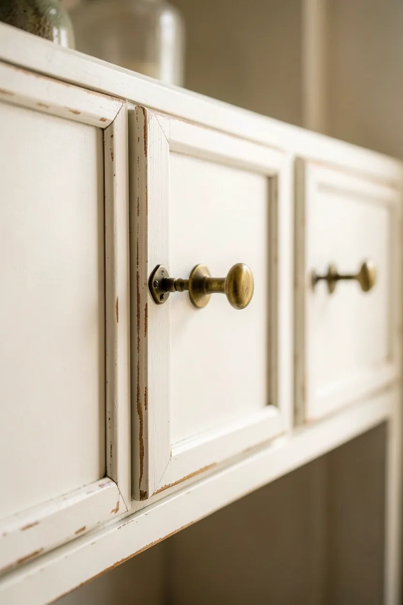 Warm white Shaker cabinets with subtle distressed finish and oil-rubbed bronze hardware in a farmhouse kitchen