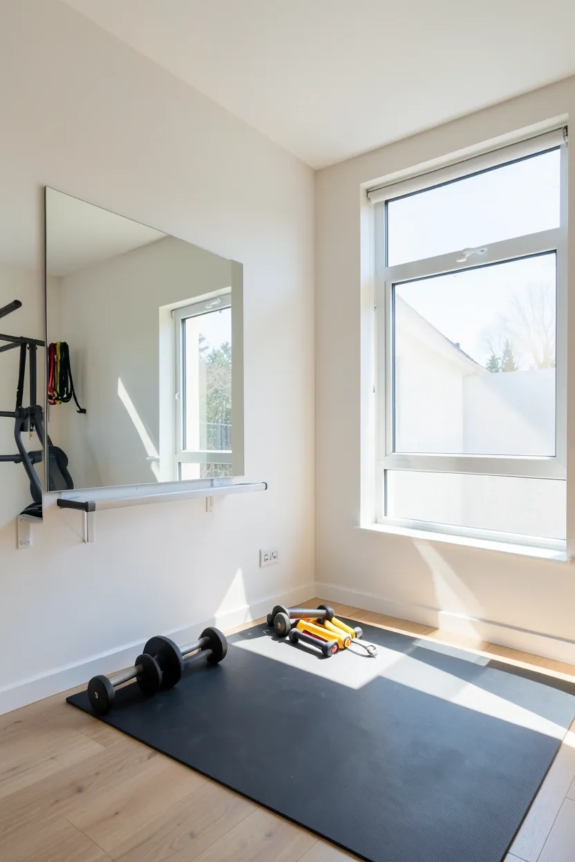 Color-changing LED strip lights glowing blue along the base of a small gym mirror wall for a calming yoga atmosphere