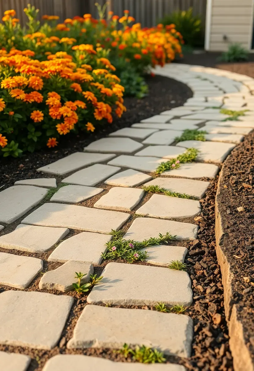 Irregular flagstone pathway with creeping thyme growing between joints, winding through a Texas backyard garden with lantana borders