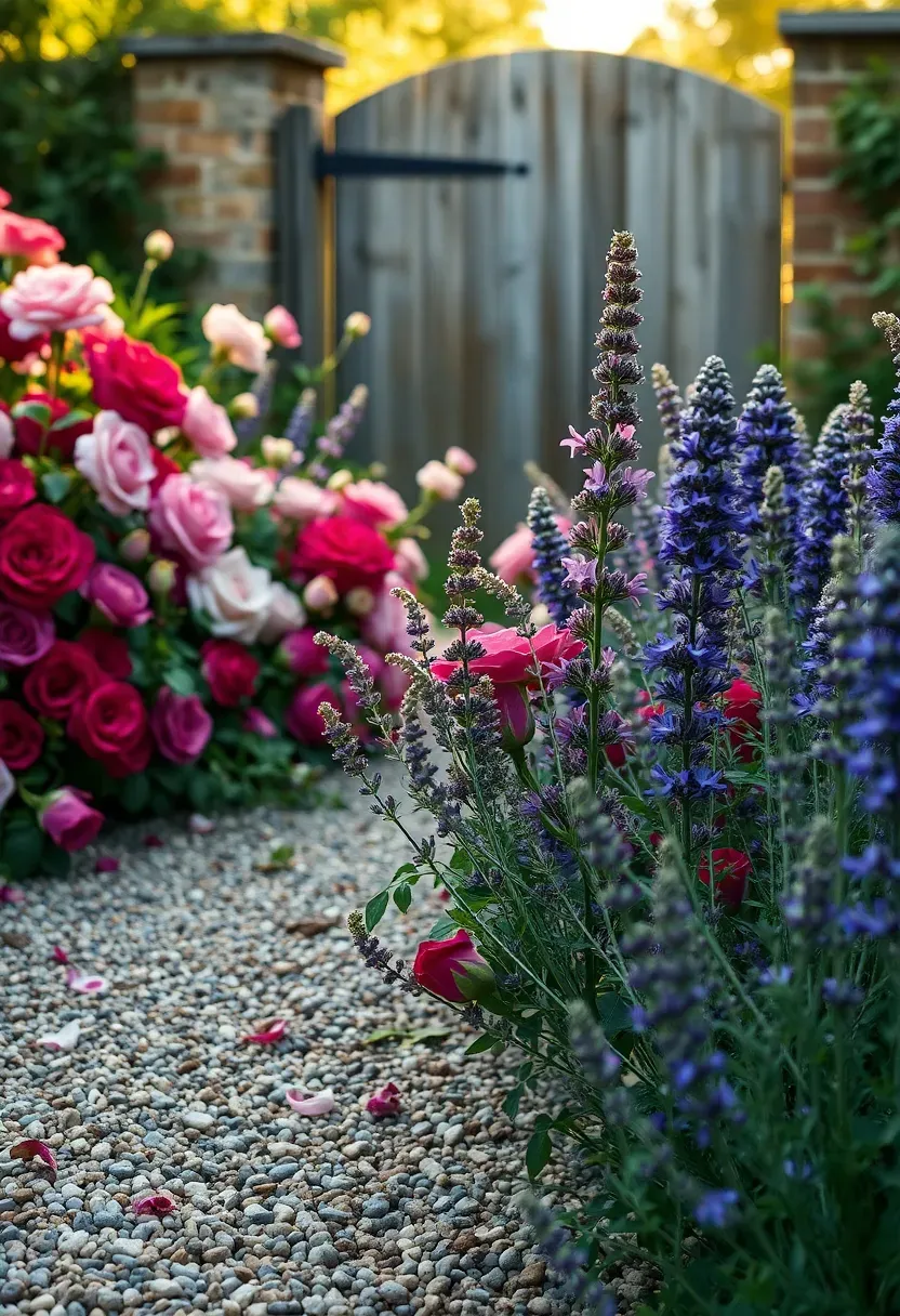 Biodiverse cottage garden in full summer bloom with roses, lavender, foxglove, catmint in soft drifts, a gravel path, and a weathered timber gate