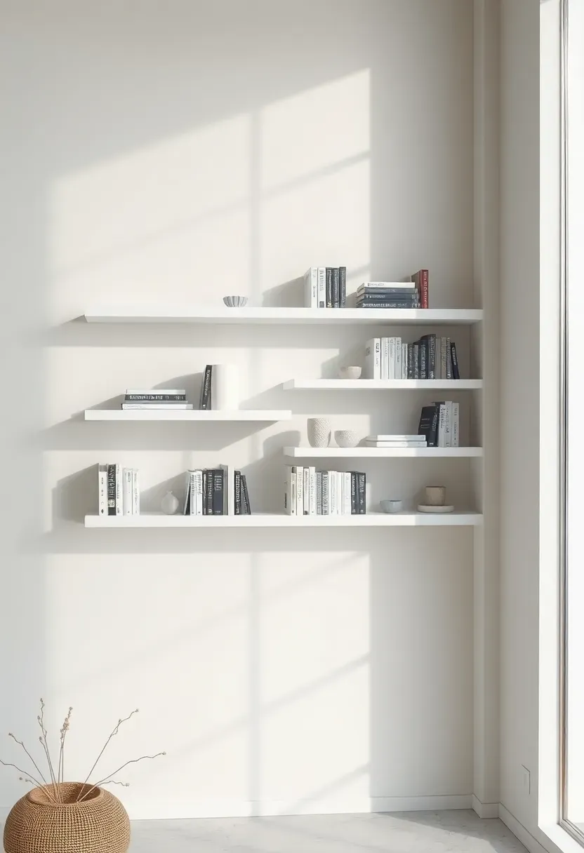 Hyper-realistic 3/4 view of minimalist white floating shelves on a light gray wall, arranged asymmetrically with curated books and small ceramic objects. Books organized by color gradation from white to dark gray. Materials: matte white lacquer shelves, plaster walls, ceramic accents. Bright diffused natural light from large modern window, casting subtle shadows that emphasize shelf floating effect. Contemporary serene mood like a Scandinavian design showroom. Sharp details, clean lines, no visible hardware, no clutter.</p>