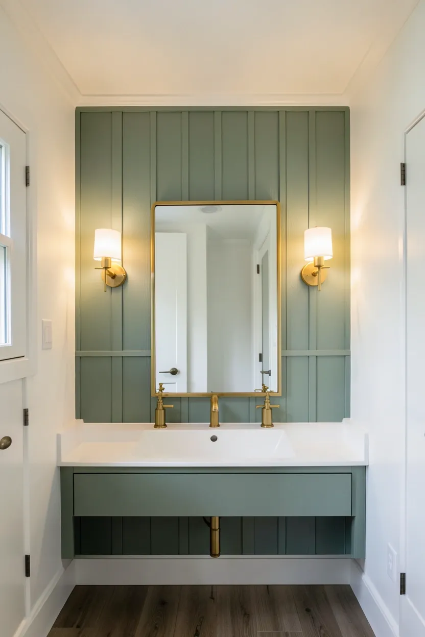 Sage green shiplap accent wall behind bathroom mirror with white vanity, wall sconces, and brass fixtures