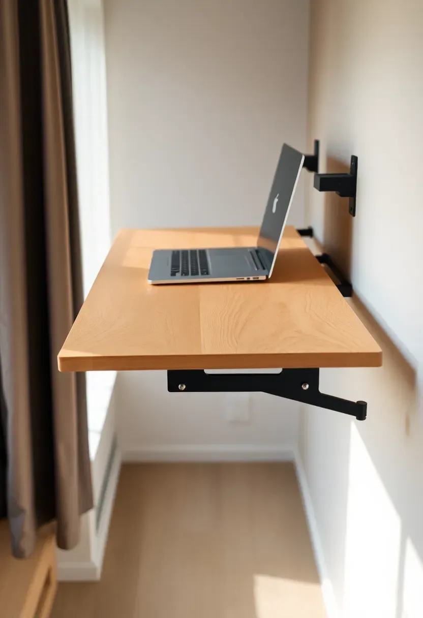 fold-down wall-mounted desk in a small dorm room in closed and open positions