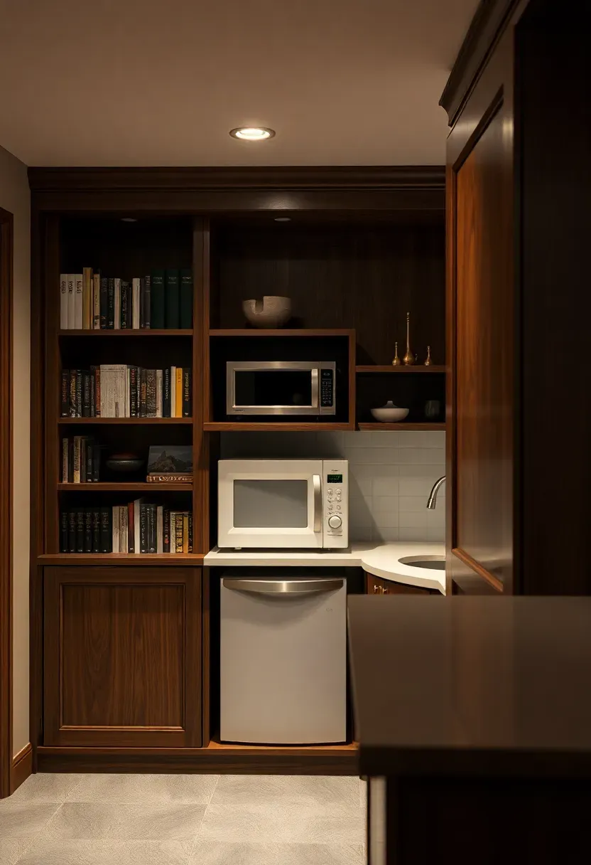 Kitchenette hidden behind a full-height bookshelf murphy door in a finished basement, with the door swung open revealing a sink and mini fridge