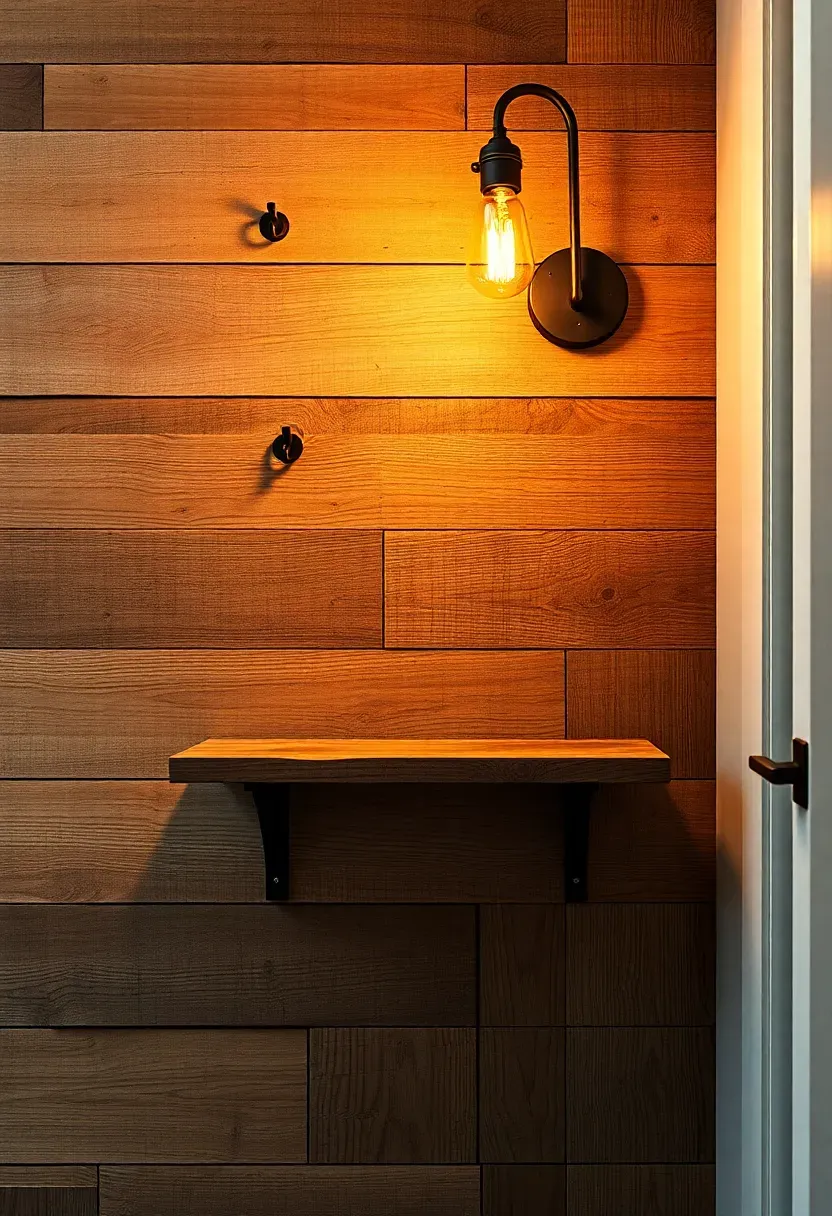 Entryway featuring a reclaimed barn wood accent wall with mixed plank widths, iron hooks, a simple shelf, and warm Edison bulb sconce