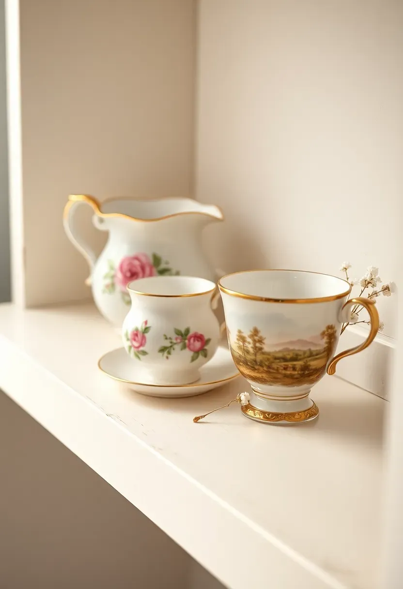antique porcelain tea set displayed on nursery shelf with small dried flower arrangement