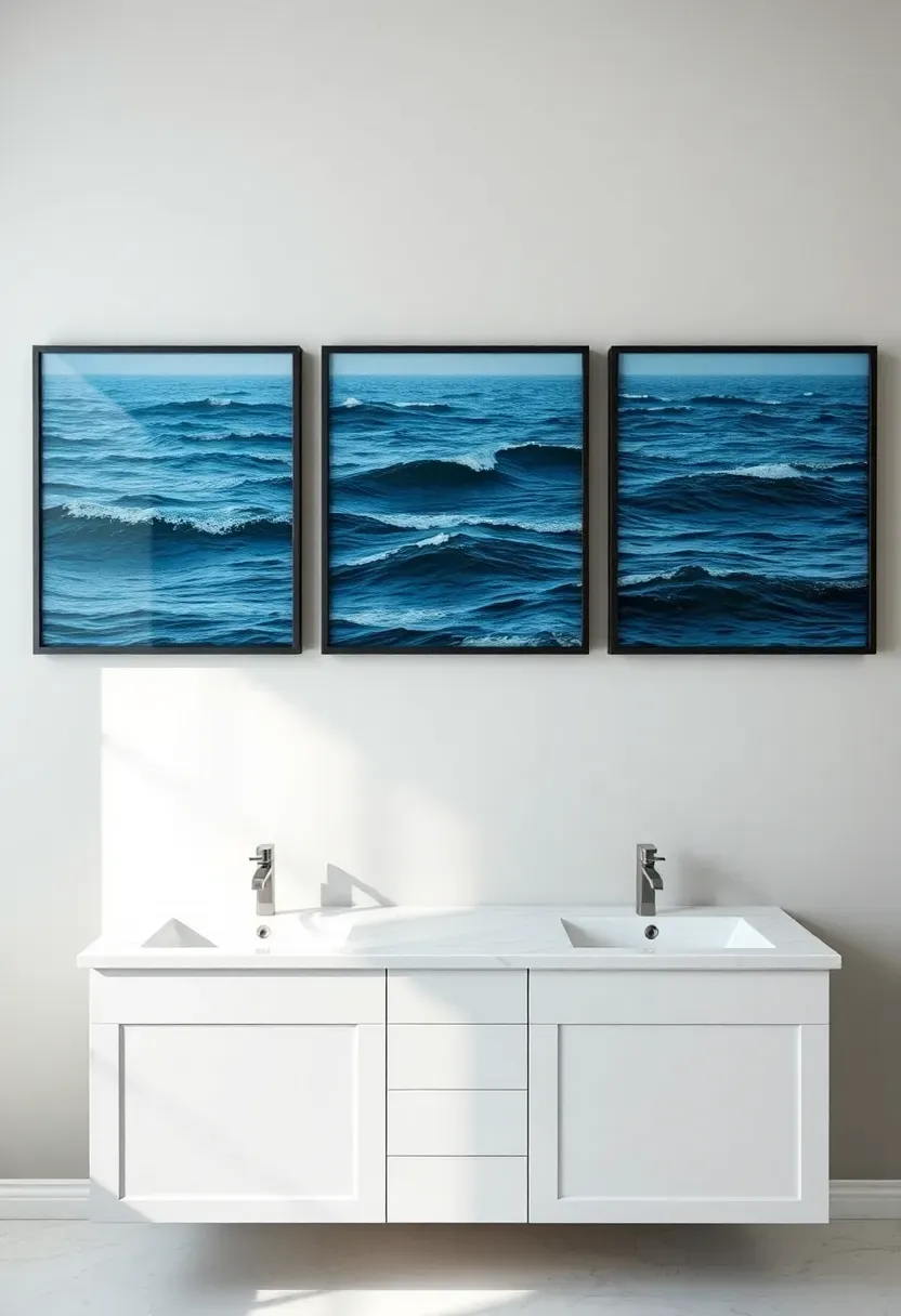 Three-panel photographic triptych of ocean waves in moody blue tones displayed in matching thin black frames in a modern bathroom