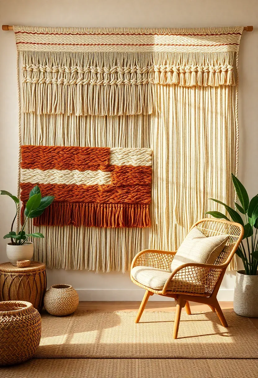 Bohemian living room with a woven fiber tapestry accent wall featuring large-scale macrame and textile weaving in cream, rust, and tan tones