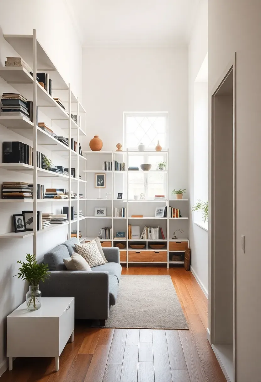 Hyper-realistic full-height view of narrow minimalist living room with floor-to-ceiling white open shelving unit against white wall, curated display of objects and books, small apartment living room, sofa nearby, oak floor, window. Materials: white painted wood shelving, minimal curated objects, books, oak floor. Natural light, organized display mood. Vertical storage maximizing wall space, shallow depth of field, no text, no logos, no watermarks.</p>