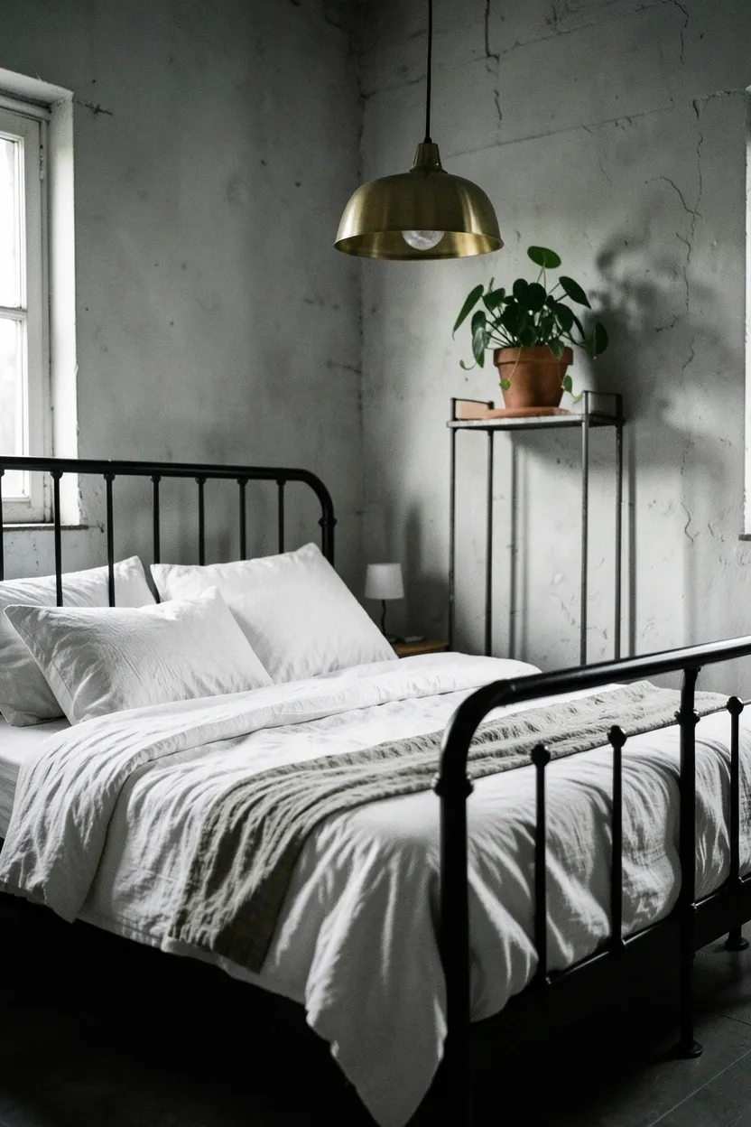Industrial boho bedroom with black iron bed frame, white linen bedding, brass pendant light, and layered boho textiles and plants