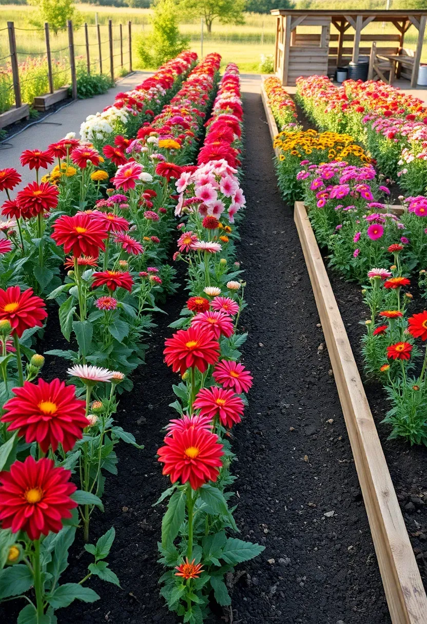 A raised timber cutting garden with rows of dahlias, zinnias, snapdragons, and cosmos in various colors ready for harvest