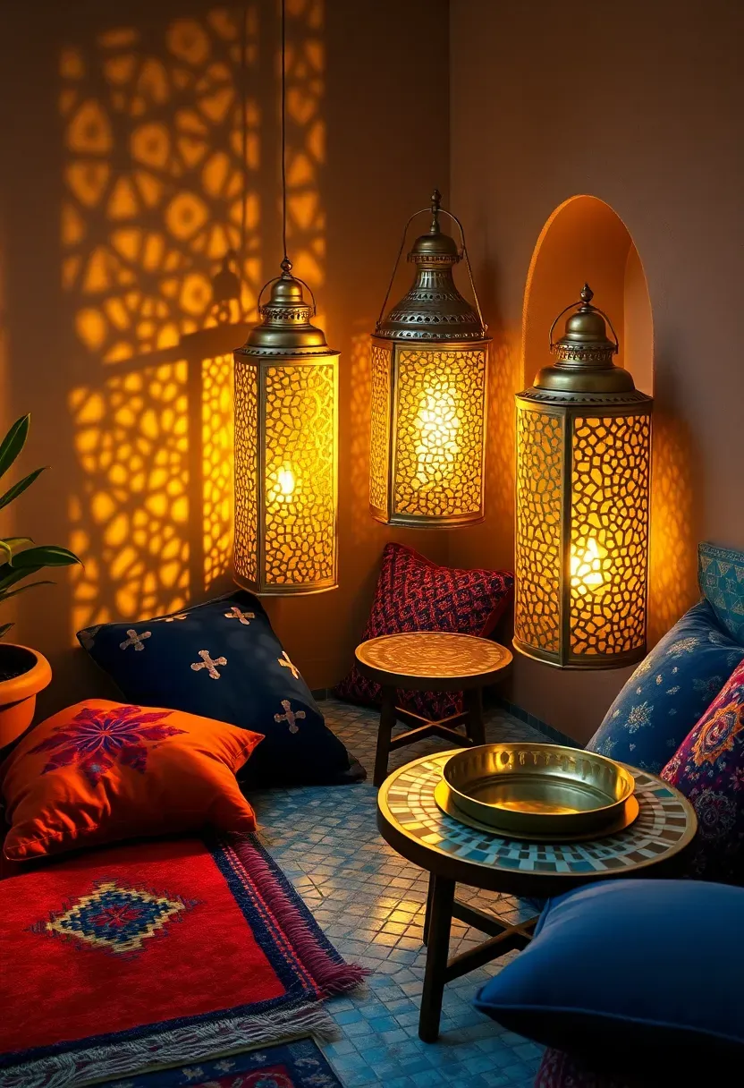 Moroccan-inspired terrace lounge with brass lanterns, colorful floor cushions, mosaic tile table, and warm sunset light glowing through metal filigree