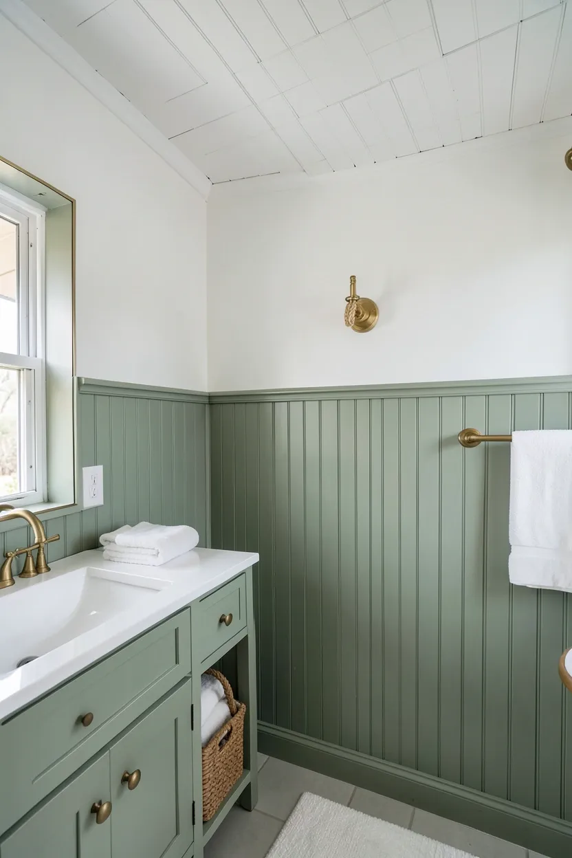 Coastal sage green bathroom with beadboard wainscoting, white shiplap ceiling, rope-wrapped mirror, and jute rug