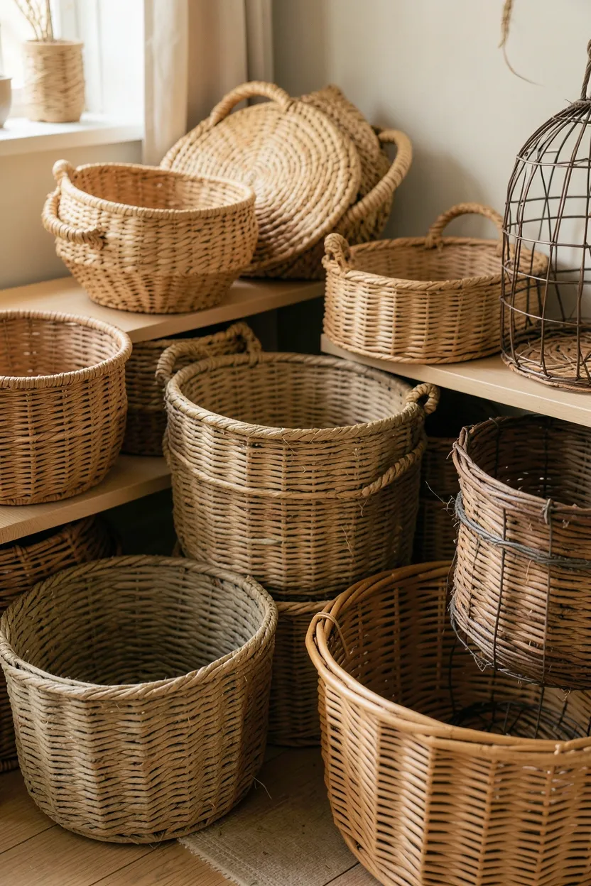 Collection of seagrass and rattan woven baskets in varying sizes used for decorative storage in farmhouse living room