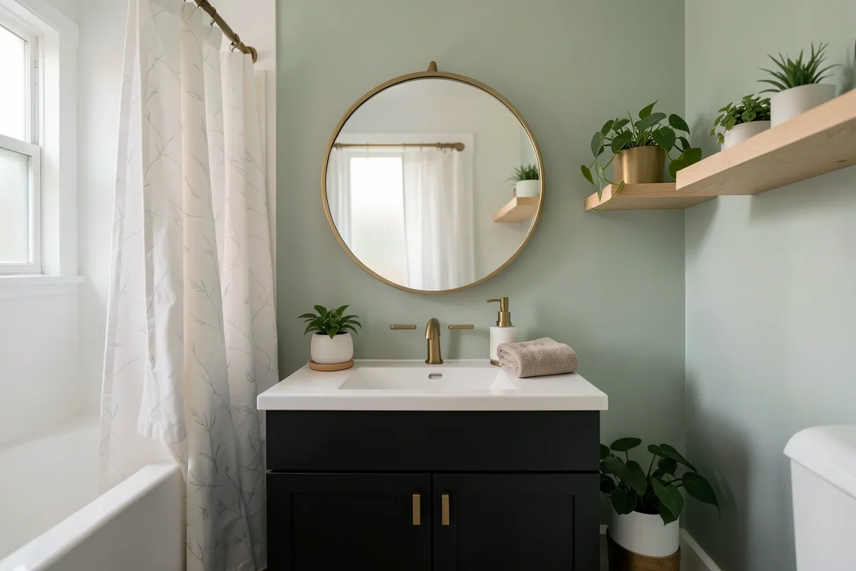 Budget bathroom ideas for renters — collage of affordable updates including painted vanity, peel-and-stick wallpaper, and new textiles in a small apartment bathroom