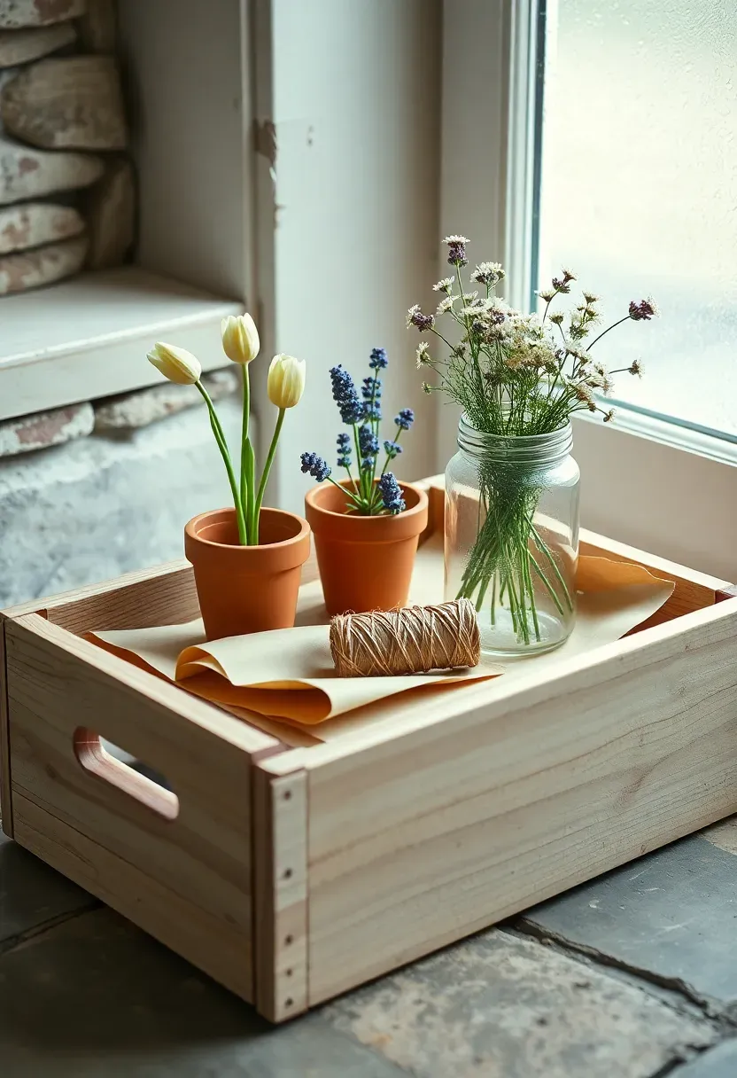 terracotta pot flower bar station with mason jar and wildflowers wrapped in kraft paper