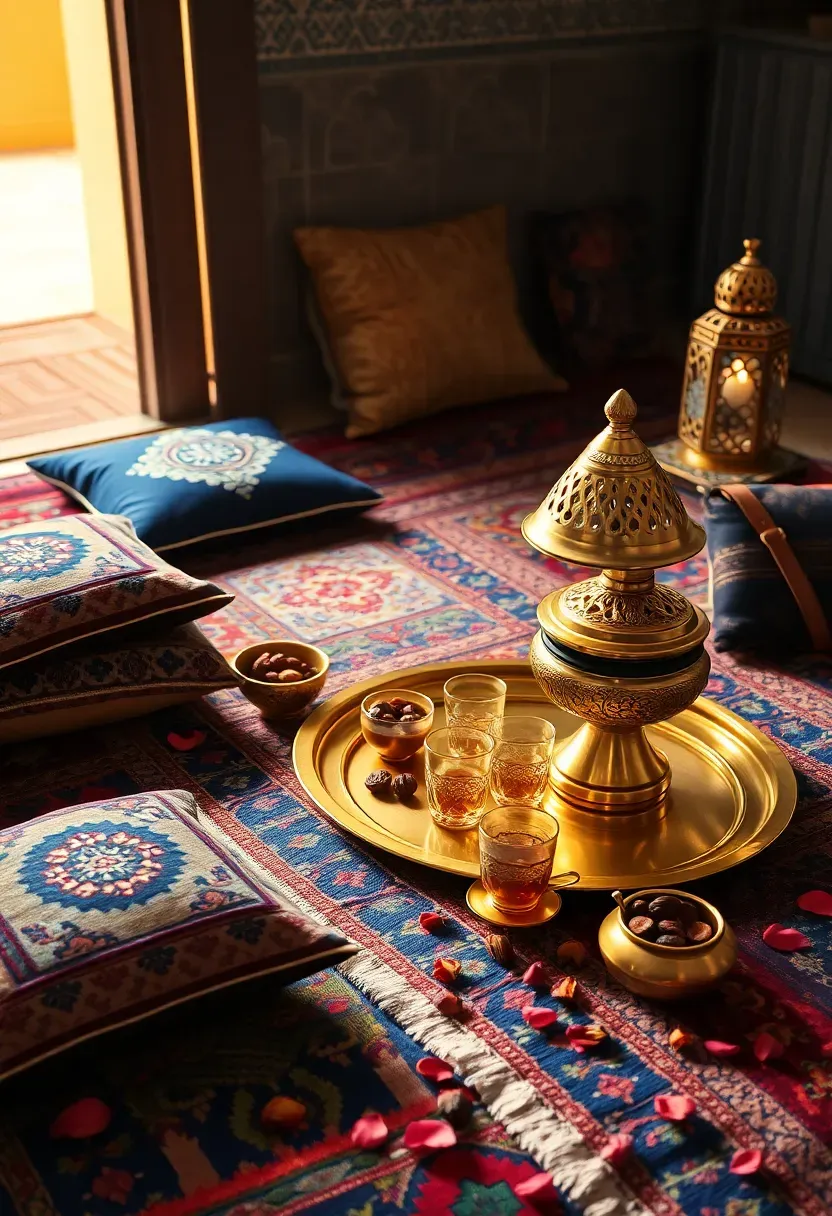 Moroccan feast floor spread with colorful textiles, brass lanterns, tagine pots, and ornate tea glasses