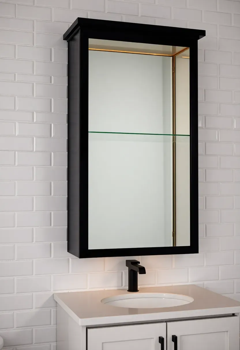 Matte black surface-mounted medicine cabinet with mirrored door above a white vanity in a small apartment bathroom