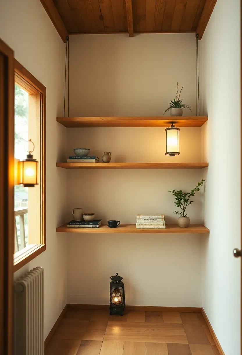 Hyper-realistic upward-angle view of suspended shelves in Japanese tiny house. Three wooden shelves (10 inches deep) hung from ceiling beams with thin steel cables, displaying ceramics, books, small plants. Shelves float away from walls, maintaining open floor space below. Materials: light wood shelves, steel cable, white walls, wood floor. Warm ambient light from nearby lantern, highlighting shelf details and displayed objects. Shallow depth of field showing ceramic textures and shelf mounting. Minimal Japanese storage innovation mood.</p>