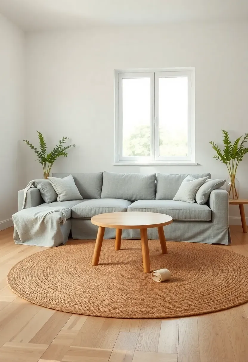Living room in the middle of being rearranged — sofa pulled away from the wall, coffee table repositioned, rug centered to anchor the new layout