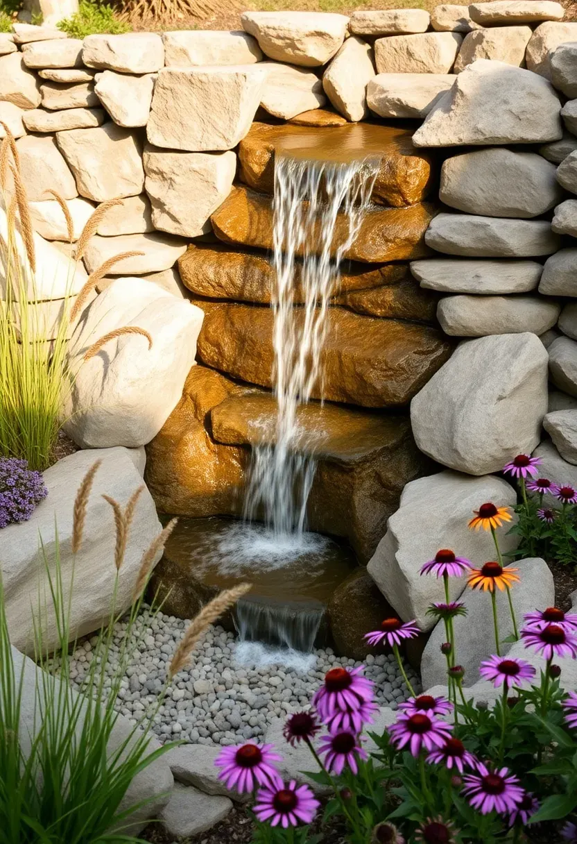 Pondless waterfall garden with stacked limestone creating a dramatic drop into a buried gravel reservoir, surrounded by coneflowers and ornamental grasses