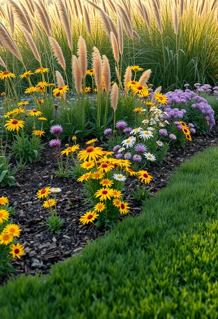 Naturalistic free-form garden bed with sweeping irregular edges and loose drifts of prairie wildflowers, native grasses, and perennials blending into a mowed lawn edge