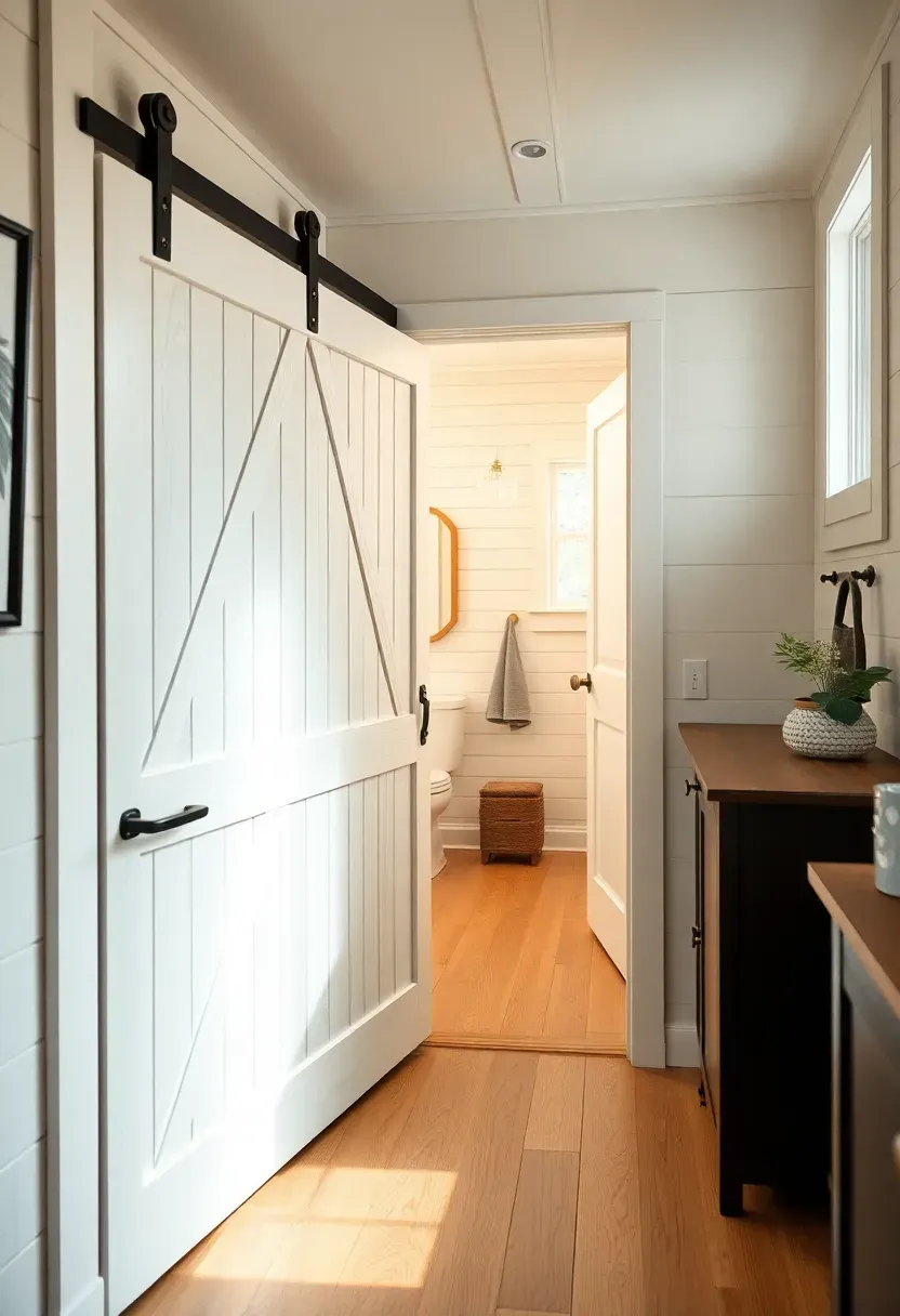 Hyper-realistic 3/4 view of a tiny house with white sliding barn door on track, open doorway revealing bathroom, living area beyond. Materials: white oak door with black hardware, white shiplap walls, light oak floor. Warm diffused window light, creamy neutrals with black accents. Mood: clean, space-saving, modern. Shallow depth of field, sharp details, balanced composition, soft shadows, visible room context. No text, no logos, no watermarks.</p>