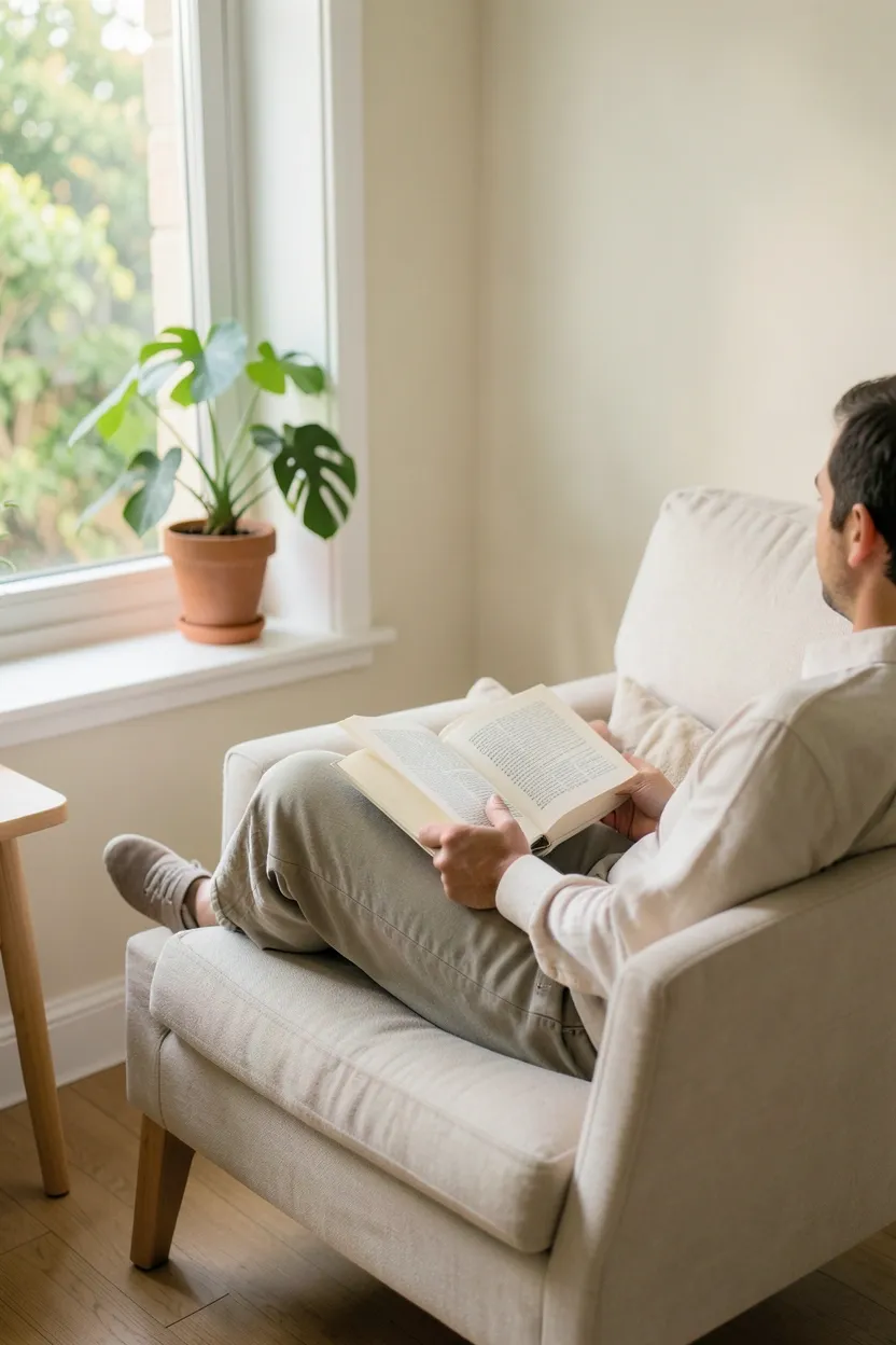 Weekend digital detox — book and a mug on a windowsill, phone in a basket, calm minimalist rental living room