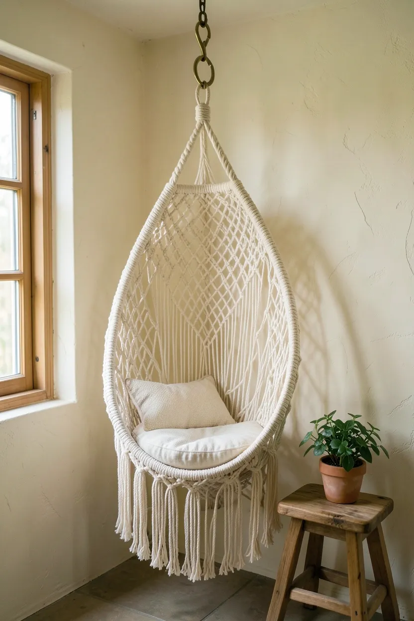 Hyper-realistic eye-level photograph of boho bathroom corner with macramé hanging chair suspended from ceiling by brass hook, featuring cream cotton rope seat with cushion, cream plaster wall background, small wooden stool with potted plant beside, natural light streaming from window. Materials: cotton rope macramé, cushion fabric, brass hook, wood. Relaxing whimsical boho corner. Soft natural lighting. No text, no logos, no watermarks.</p>