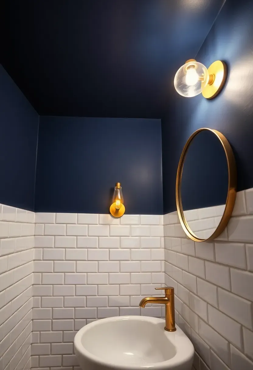 Bathroom with deep navy blue painted ceiling contrasting white subway tile walls and brass fixtures