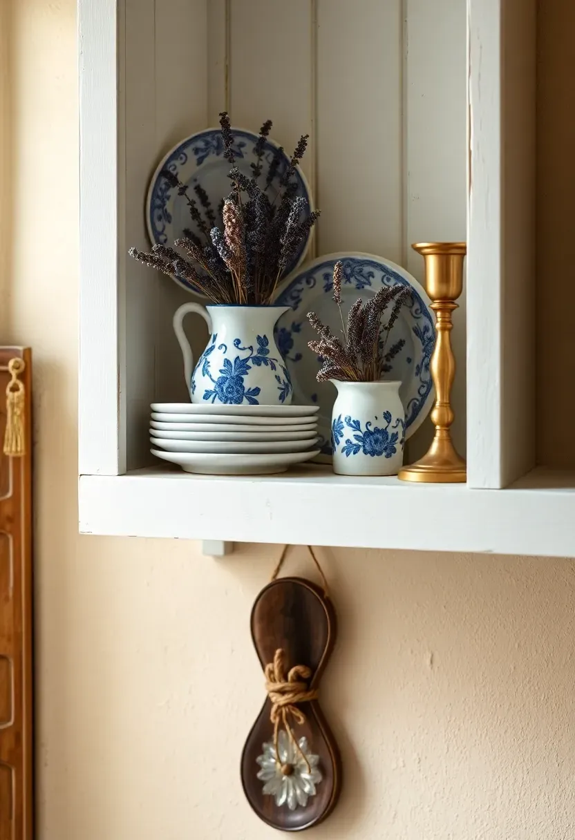 French country wall shelf with distressed white wood holding blue-and-white faience plates, dried lavender in a ceramic pitcher, and a brass candlestick