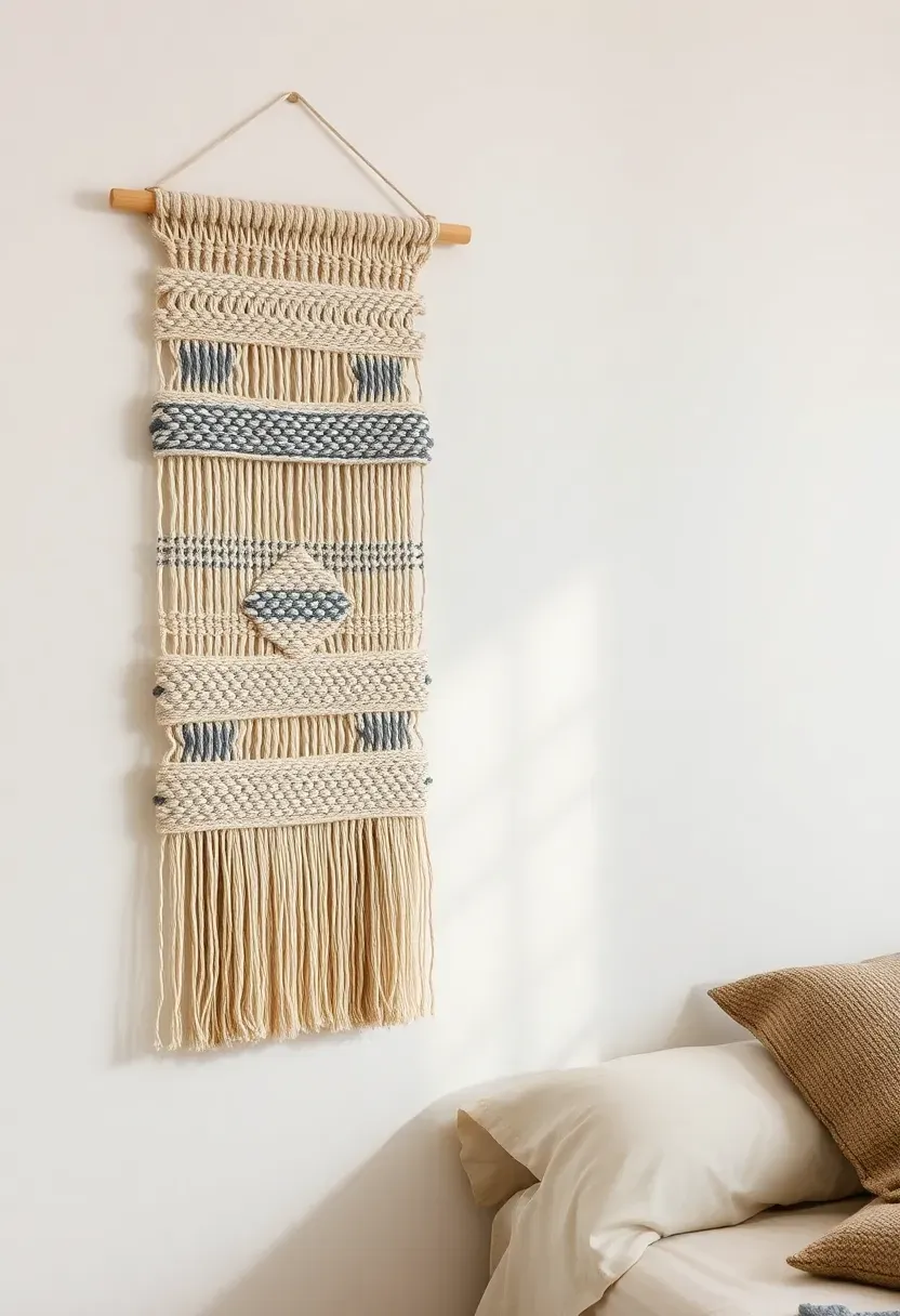 Minimalist woven textile wall art in neutral tones