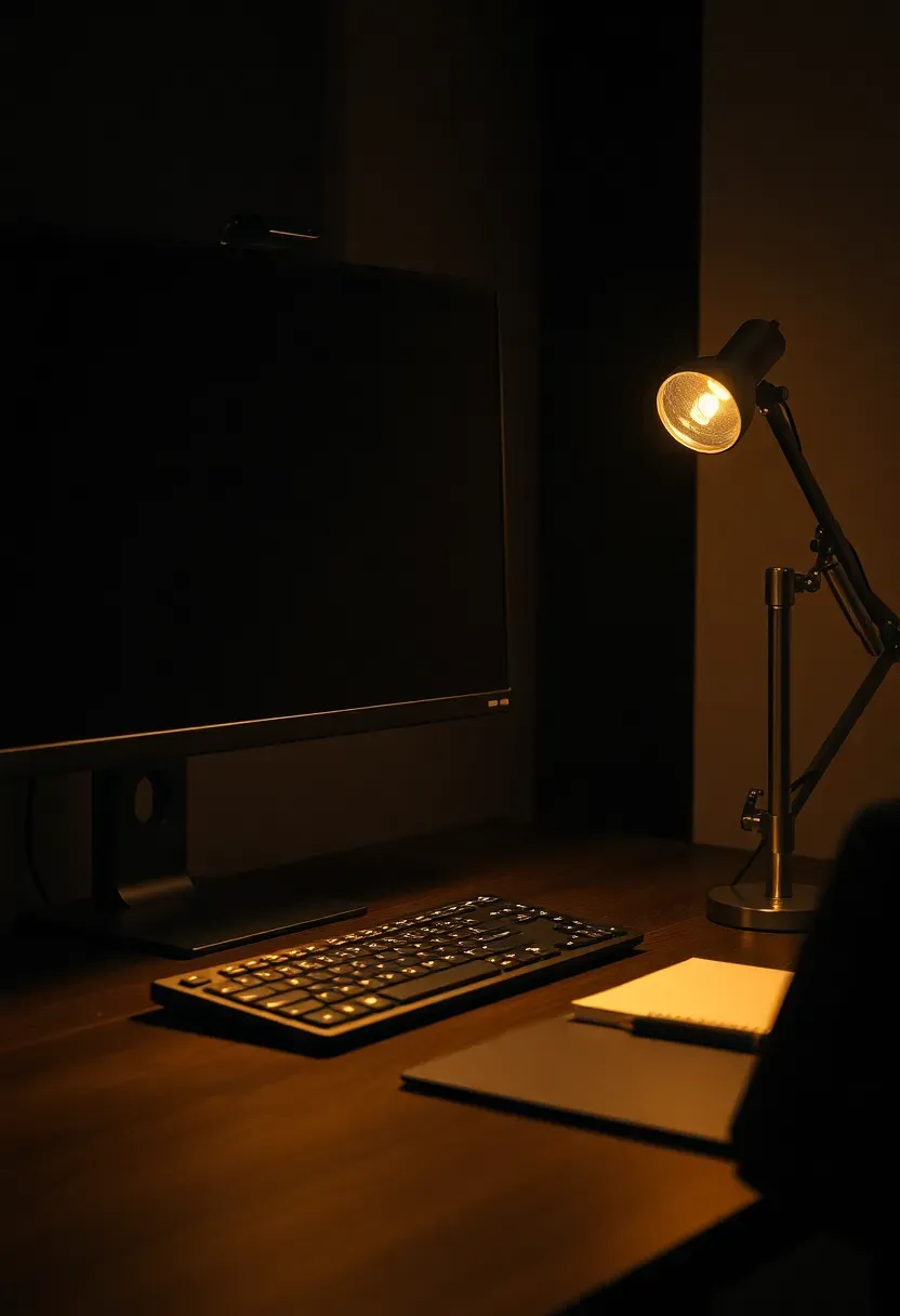 Minimal windowless basement office with only a desk lamp and monitor light bar, the rest of the room dim