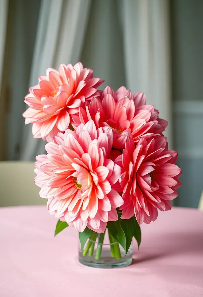 colorful giant paper flowers in pink coral and cream arranged in a cluster as a dramatic baby shower centerpiece