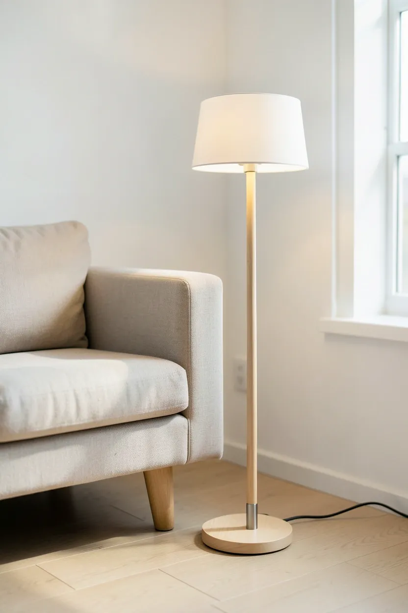 Slim minimalist floor lamp with light wood base beside a compact sofa in a small Nordic apartment living area