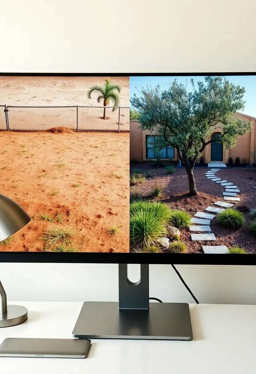 Before-and-after backyard transformation showing bare yard on left and Yardzen-designed outdoor space with dining area and native plants on right