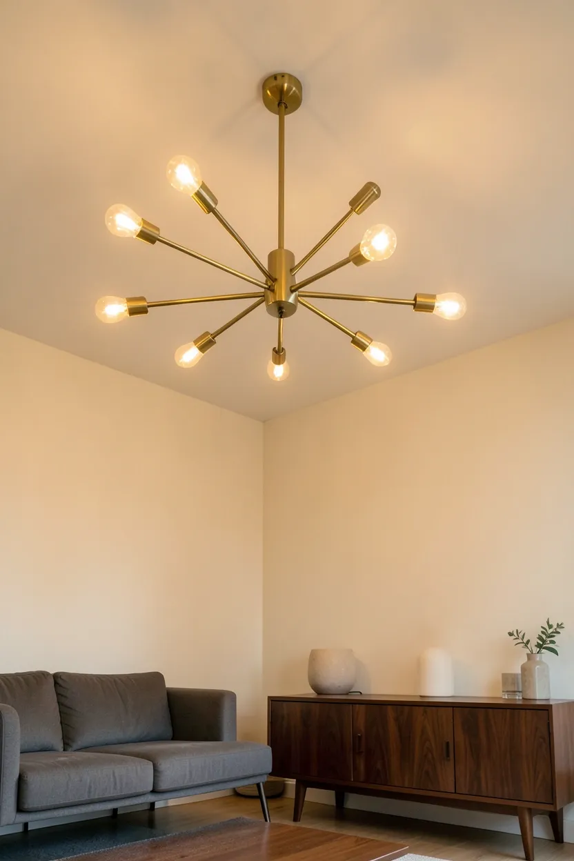 Aged brass sputnik chandelier with geometric silhouette above a mid-century sofa in a warm rental living room