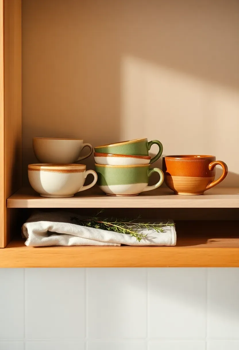 Kitchen open shelf with a collection of handmade stoneware bowls and mugs in matte cream, sage, and earthy brown glazes, styled with a folded linen cloth and fresh herbs