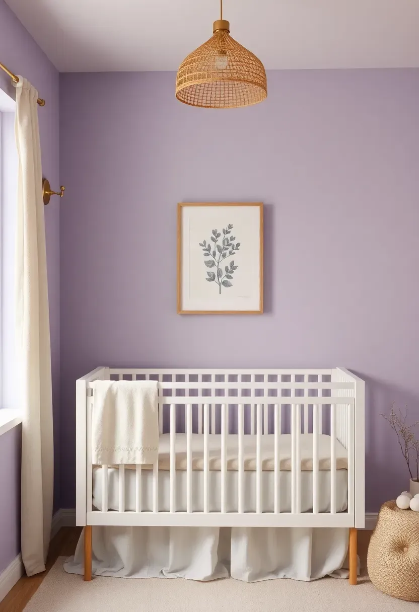 soft lavender nursery for baby girl with gold accent details and white furniture