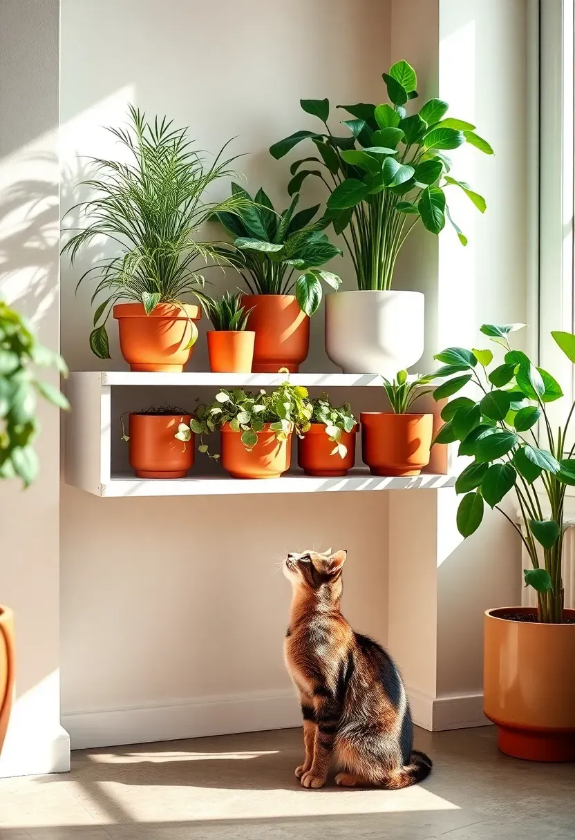 Bright living room corner with raised shelf of pet-safe spider plant, Boston fern and calathea in terracotta pots, curious tabby cat sitting below looking up