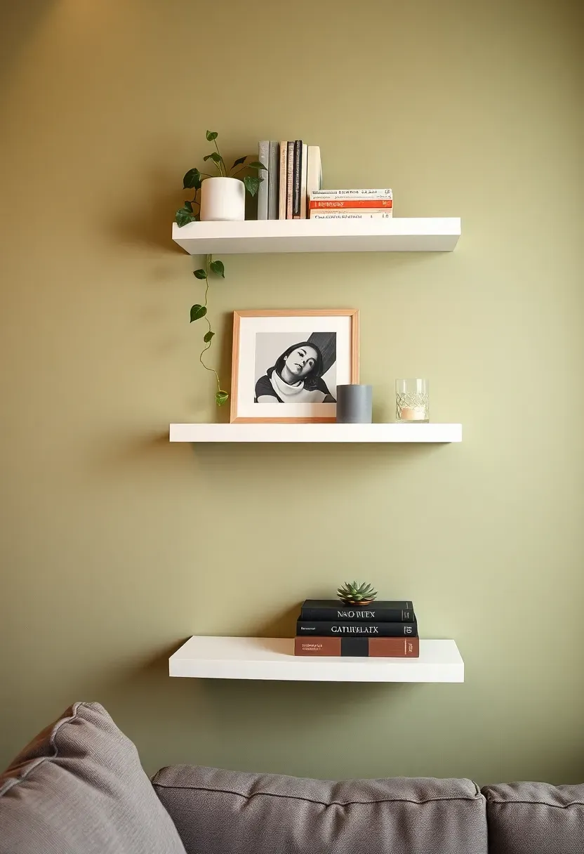 Finished basement den with three staggered floating shelves on a painted wall holding books, small plants, and framed photos