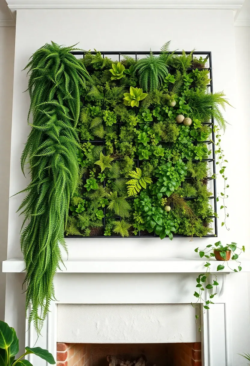 Vertical living plant wall installation above a modern white fireplace with trailing ferns and moss