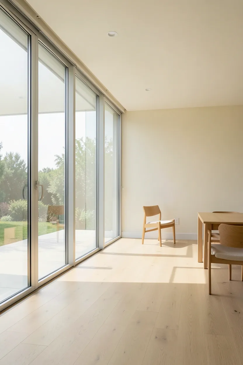 Floor-to-ceiling windows flooding a minimal apartment living room with natural light, linen curtains, and wood floor