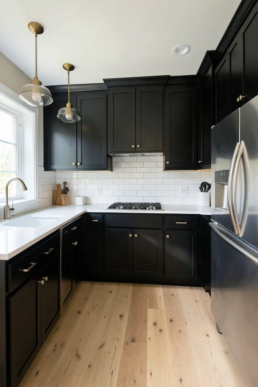 Matte black kitchen cabinets with warm light maple hardwood flooring — modern and welcoming small kitchen design